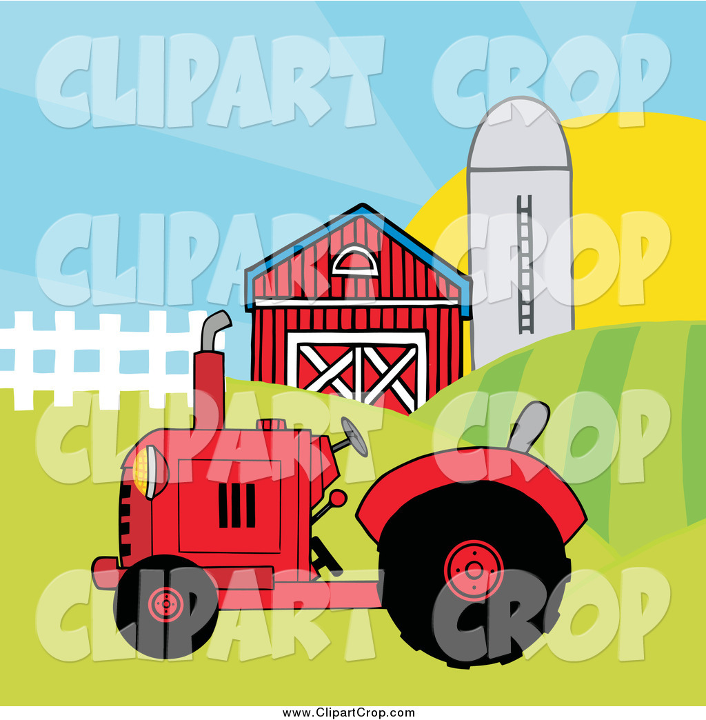 Red Tractor In A Pasture Near A Barn And Silo Crowing Rooster Red Barn
