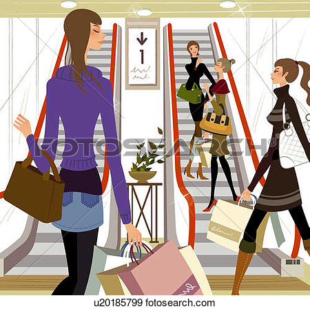 Four Women In A Shopping Mall  Fotosearch   Search Vector Clipart