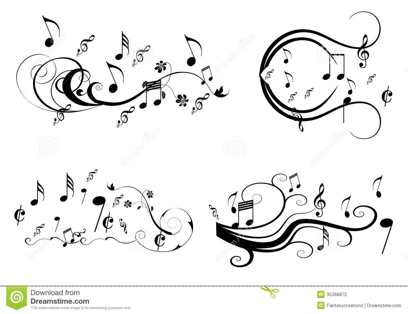 Music Notes On Swirl Shaped Staves 