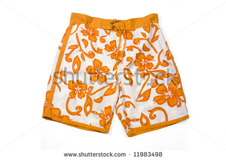 Orange Floral Pattern Swimming Trunks Isolated On White    Stock Photo