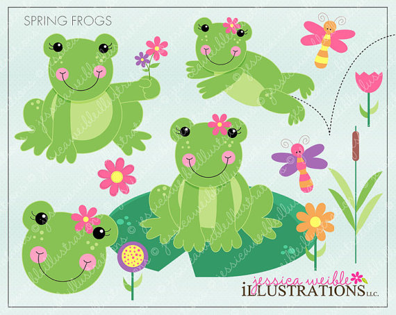 Spring Frogs Cute Digital Clipart For Card Design Scrapbooking And