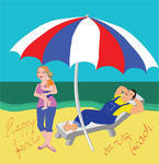 Vector Deck Chairs Under Umbrella On The Beach And Sunset Over The Sea    