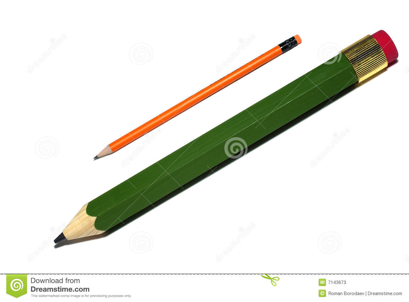 Big Green And Standart Orange Pencils Isolated On White Background 