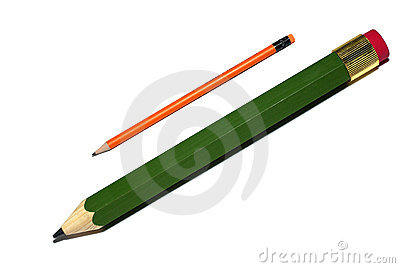 Big Green And Standart Orange Pencils Isolated On White Background 
