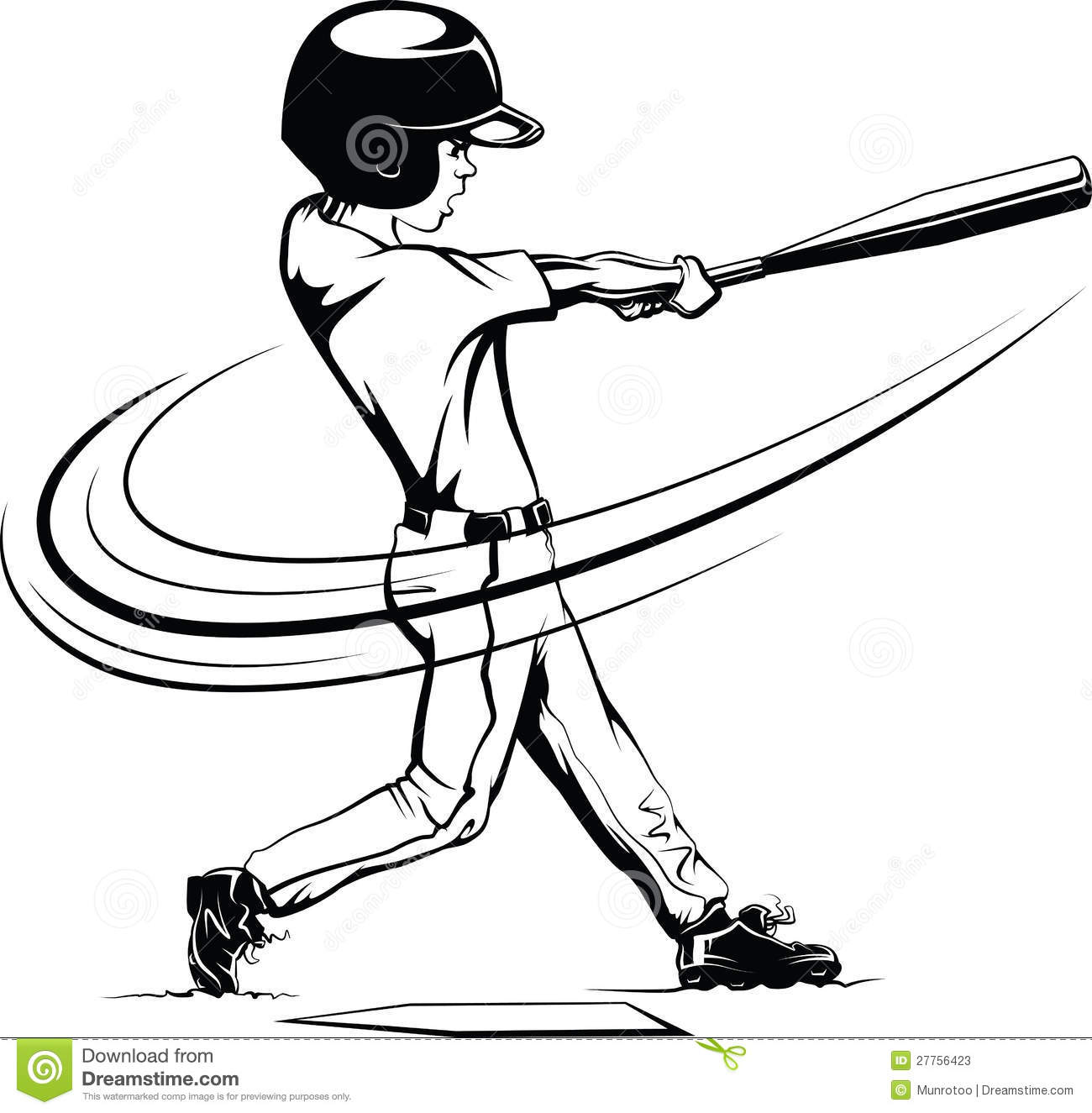 Black And White Vector Illustration Of A Young Boy Hitting A Home Run