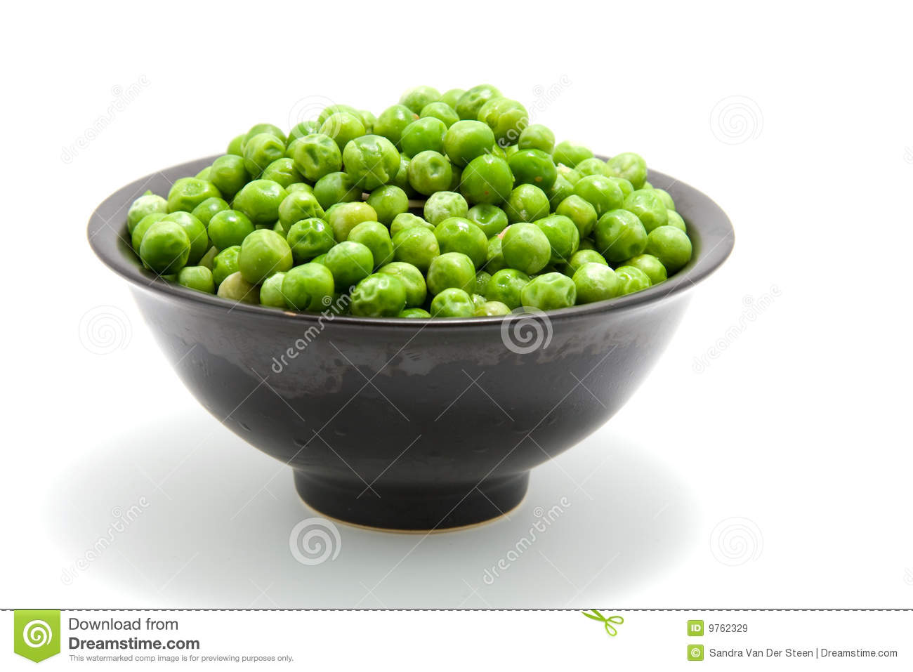 Black Bowl With Froozen Fresh Peas Isolated On White Background