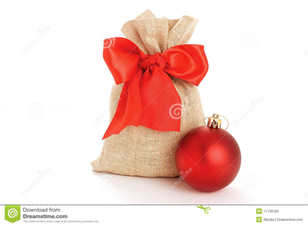 Burlap Bag With Red Ribbon On The White Background