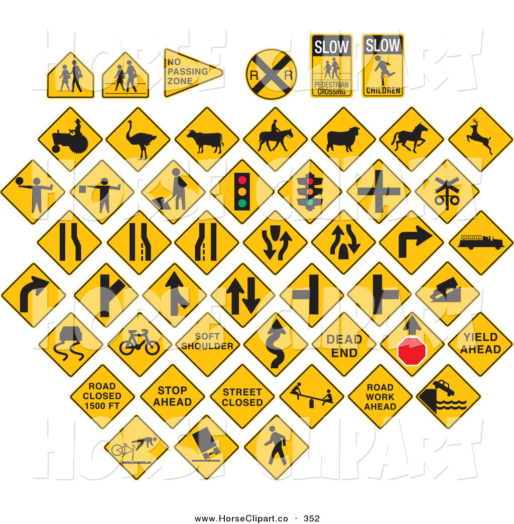 Clip Art Of A Digital Collage Of Yellow Caution Traffic Road Signs On