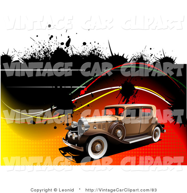 Clipart Of A Brown Vintage Car On Gradient Halftone Background With