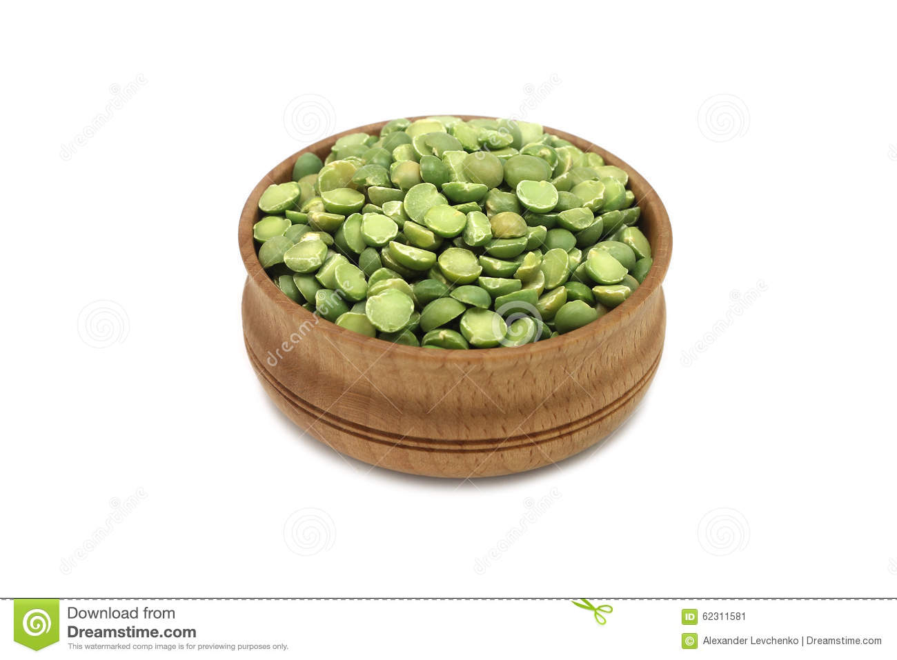 Dried Green Peas In A Wooden Bowl On A White Background