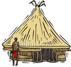 Man Standing Outside An African Hut Royalty Free Clipart Picture