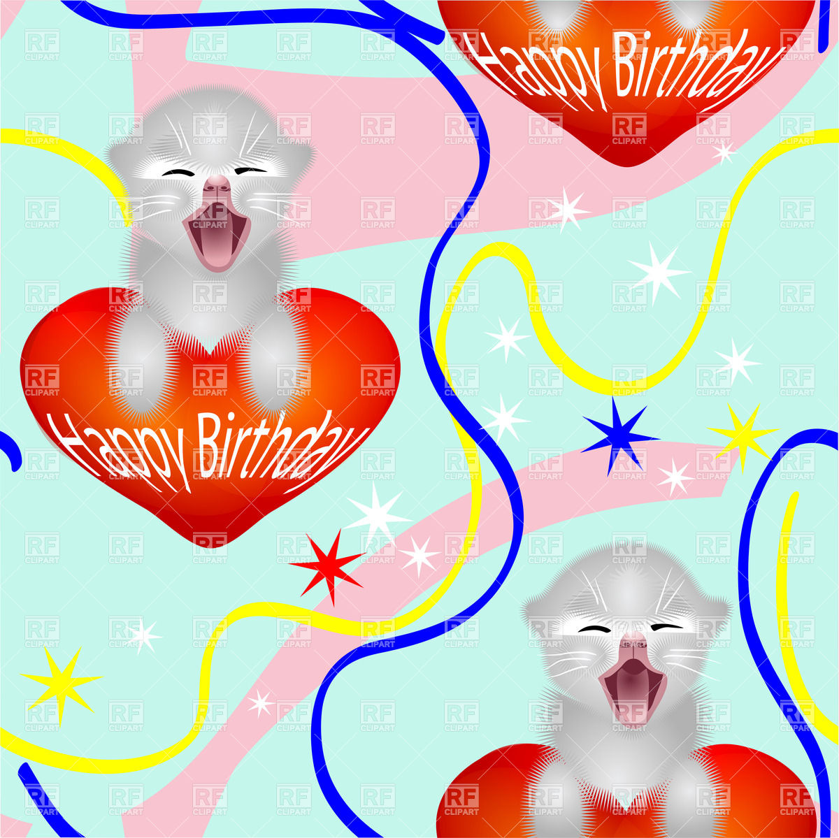 Birthday Seamless Wrapping Paper With Funny Kitten Plants And Animals
