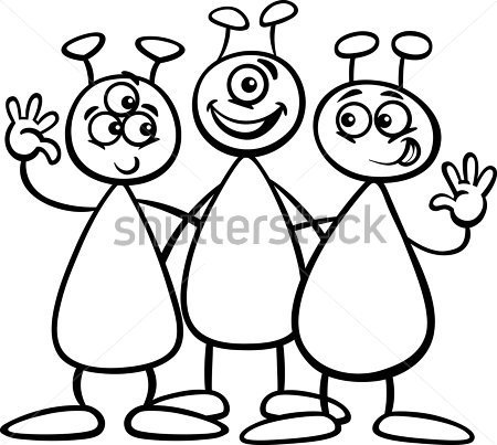 Black And White Cartoon Illustration Of Three Funny Aliens Or Martians