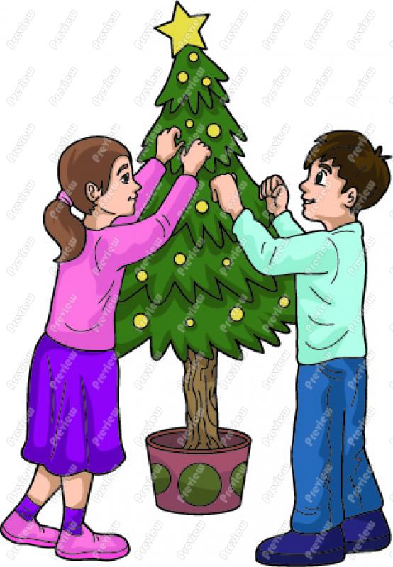 Cartoon Boy And Girl Decorating A Christmas Tree Clip Art