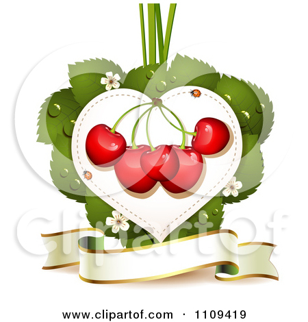 Clipart Bing Cherries On A Blossom Leaf Heart Over A Banner   Royalty