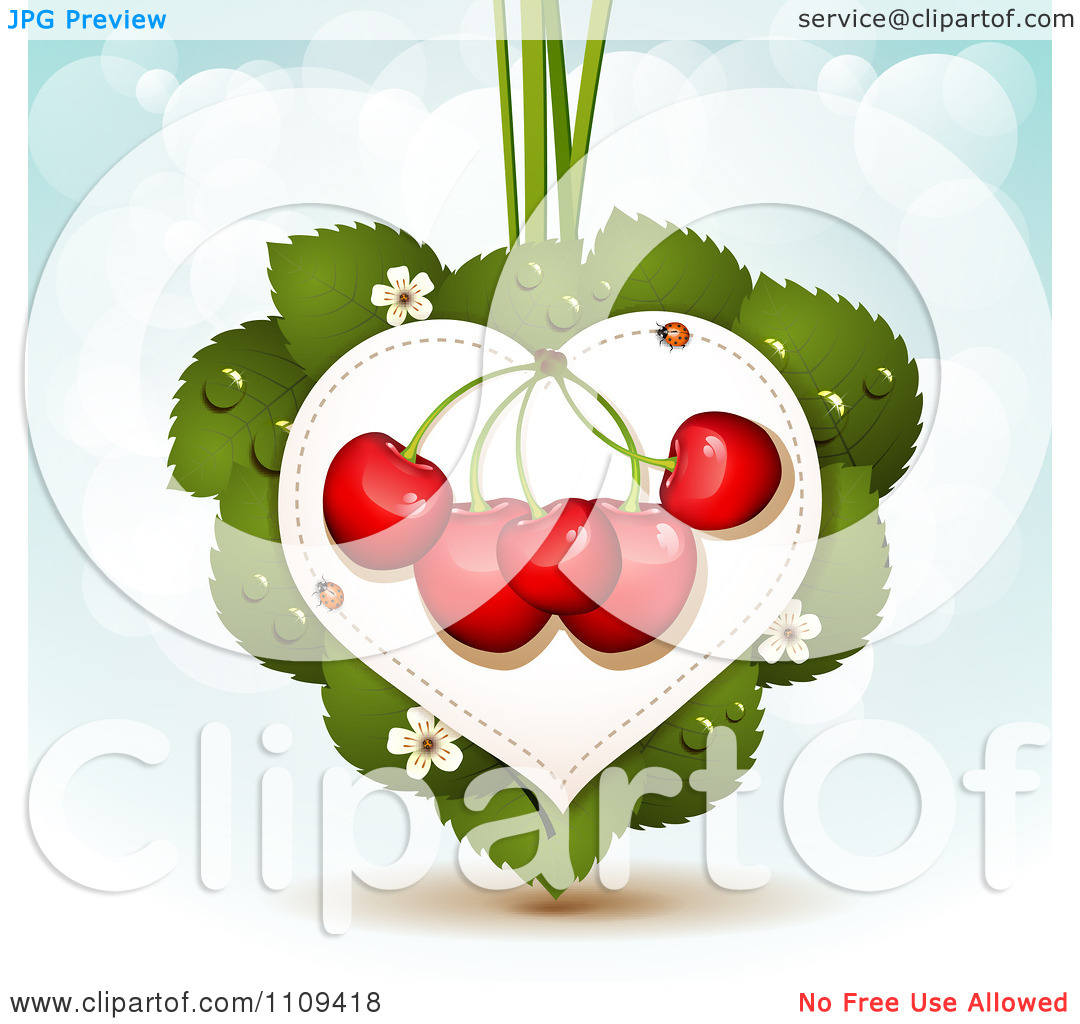 Clipart Bing Cherries On A Leaf Heart Over Blue With Flares   Royalty