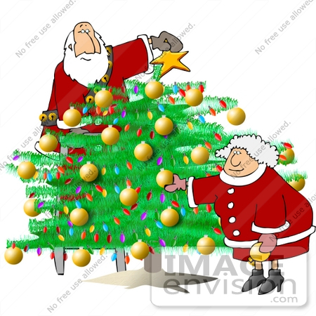 Clipart Of A Caucasian Santa And Mrs Claus Decorating A Christmas Tree