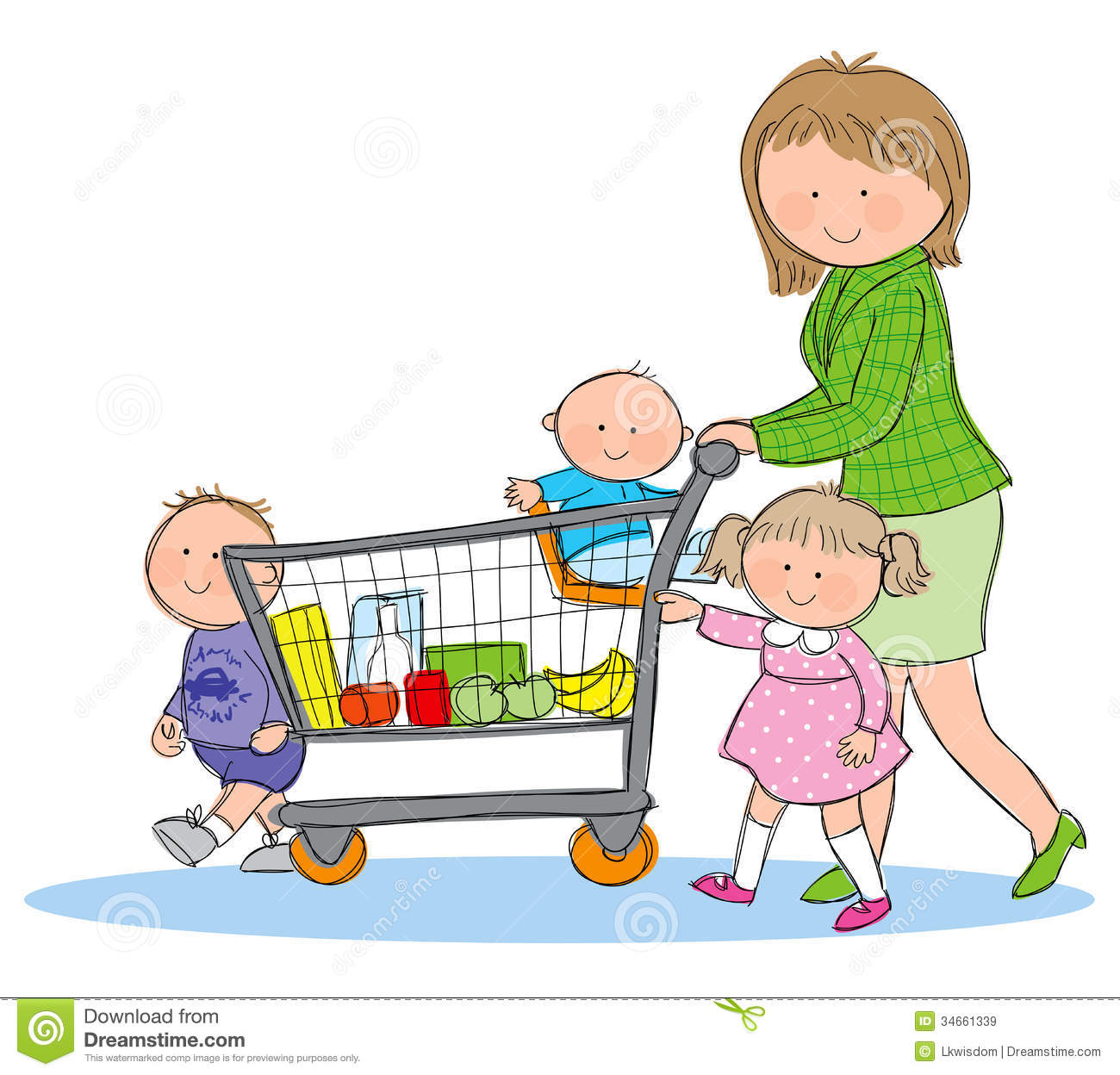 Hand Drawn Picture Of Family Shopping For Groceries  Illustrated In A