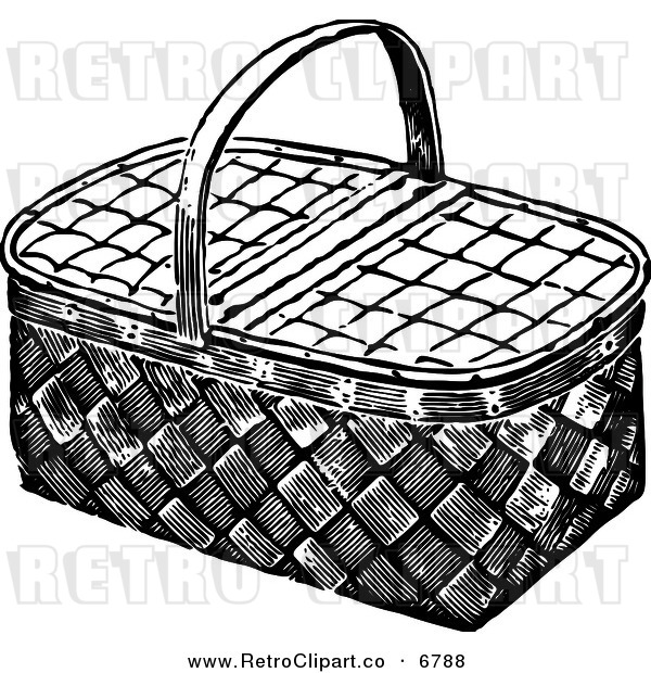 Vector Clipart Of A Retro Black And White Wicker Picnic Basket By    