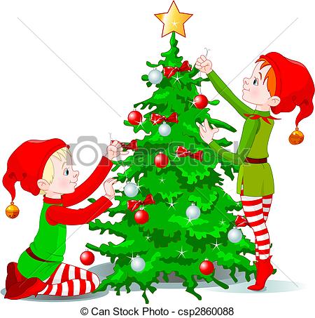 Vector   Elves Decorate A Christmas Tree   Stock Illustration Royalty