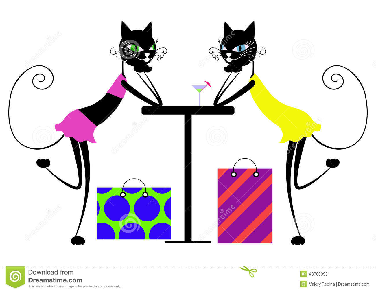 Cartoon Cats  Girlfriend Met In A Cafe After A Shopping Trip