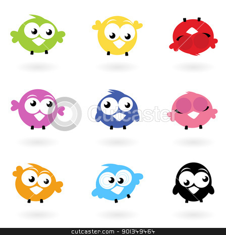 Cute Color Vector Twitter Birds Icons Collection Isolated On Whi Stock