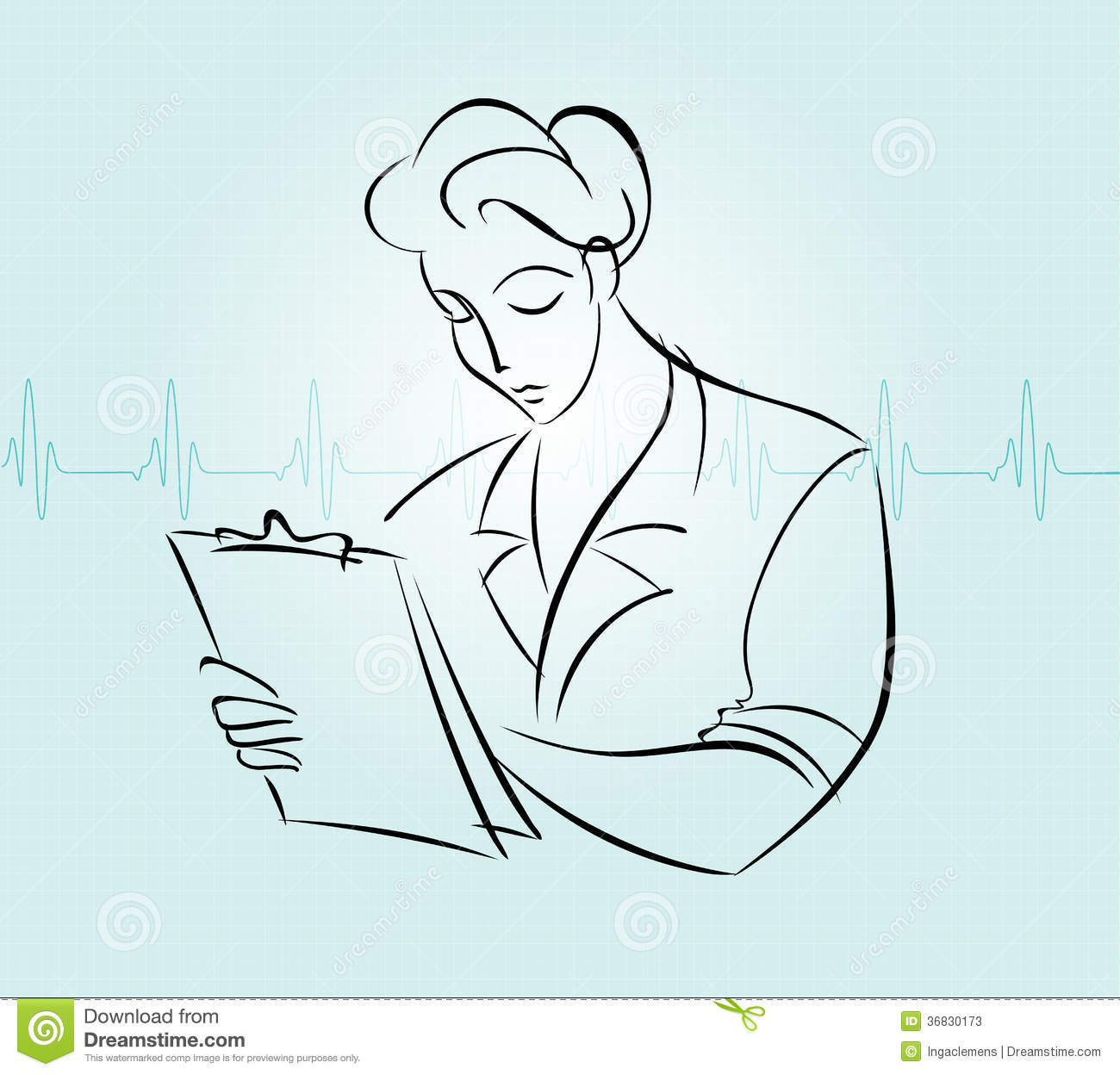 Female Nurse Clipart On Turquoise Background With A Ecg Chart