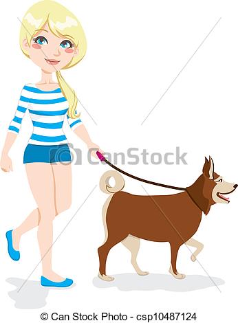 Girl Walking With Dog Csp10487124   Search Clipart Illustration