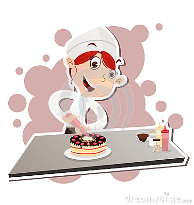 Illustration Of Cartoon Female Pastry Chef Decorating Cake  Eps 10