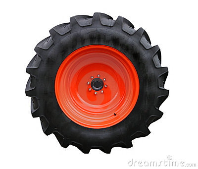 Tractor Tire With Red Hubcap Isolated On White Background