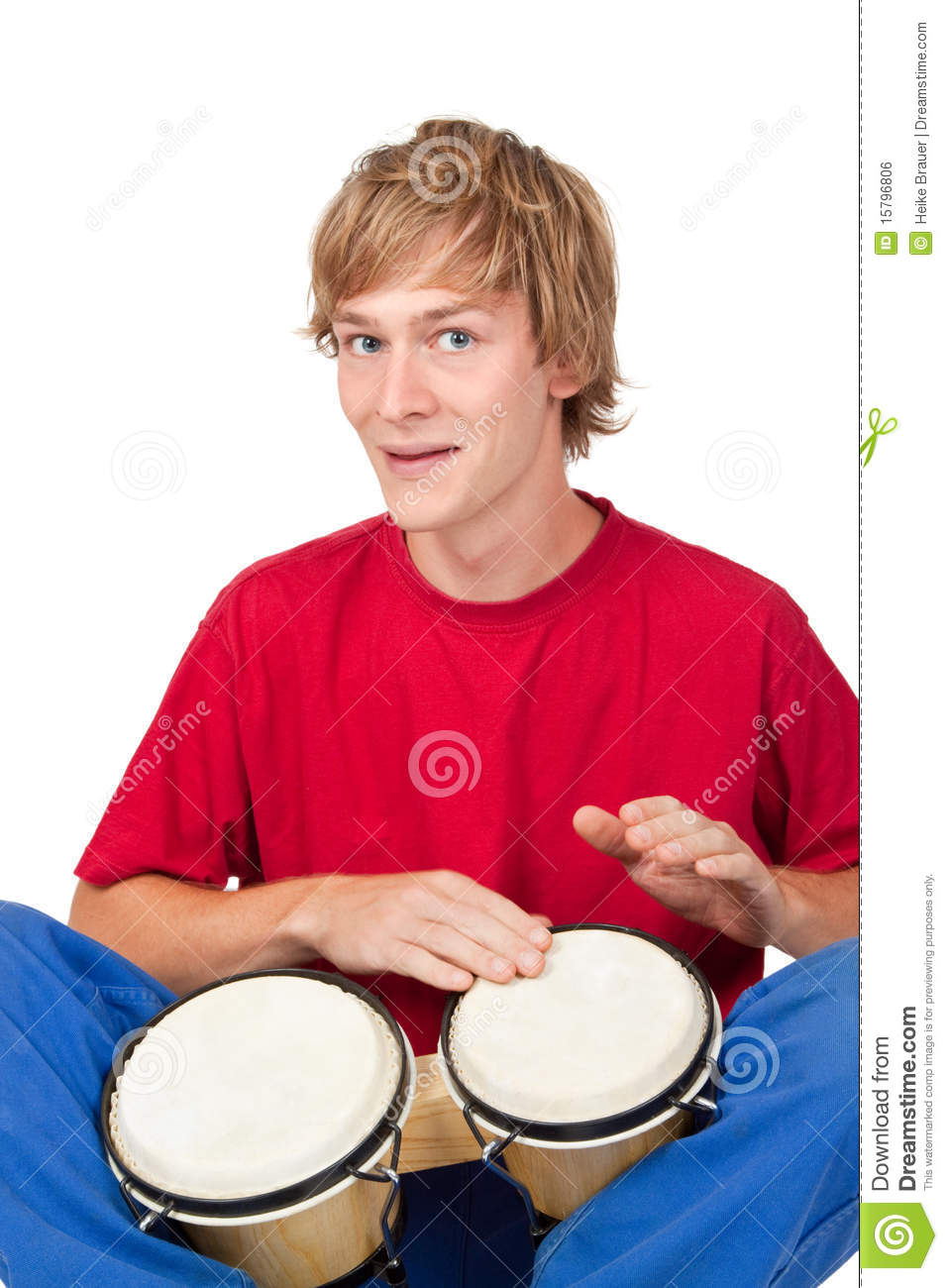 Young Man Playing Bongos   Isolated On White 