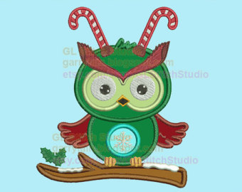 Candy Cane Owl On Branch Machine Applique New Year Owl 014d Xg