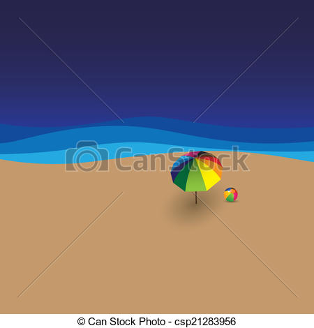 Clipart Vector Of Beach Ball Sun Umbrella Sea Waves   Vector Graphic