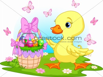 Description  Easter Duckling With A Basket Of Eggs   Happy Easter