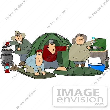 Royalty Free Clipart Of A Group Of Caucasian Men Setting Up Camp While
