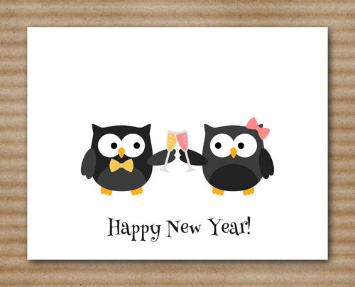 Set Of 8 New Years Cards   Happy New Year   2015   Owl   Champagne