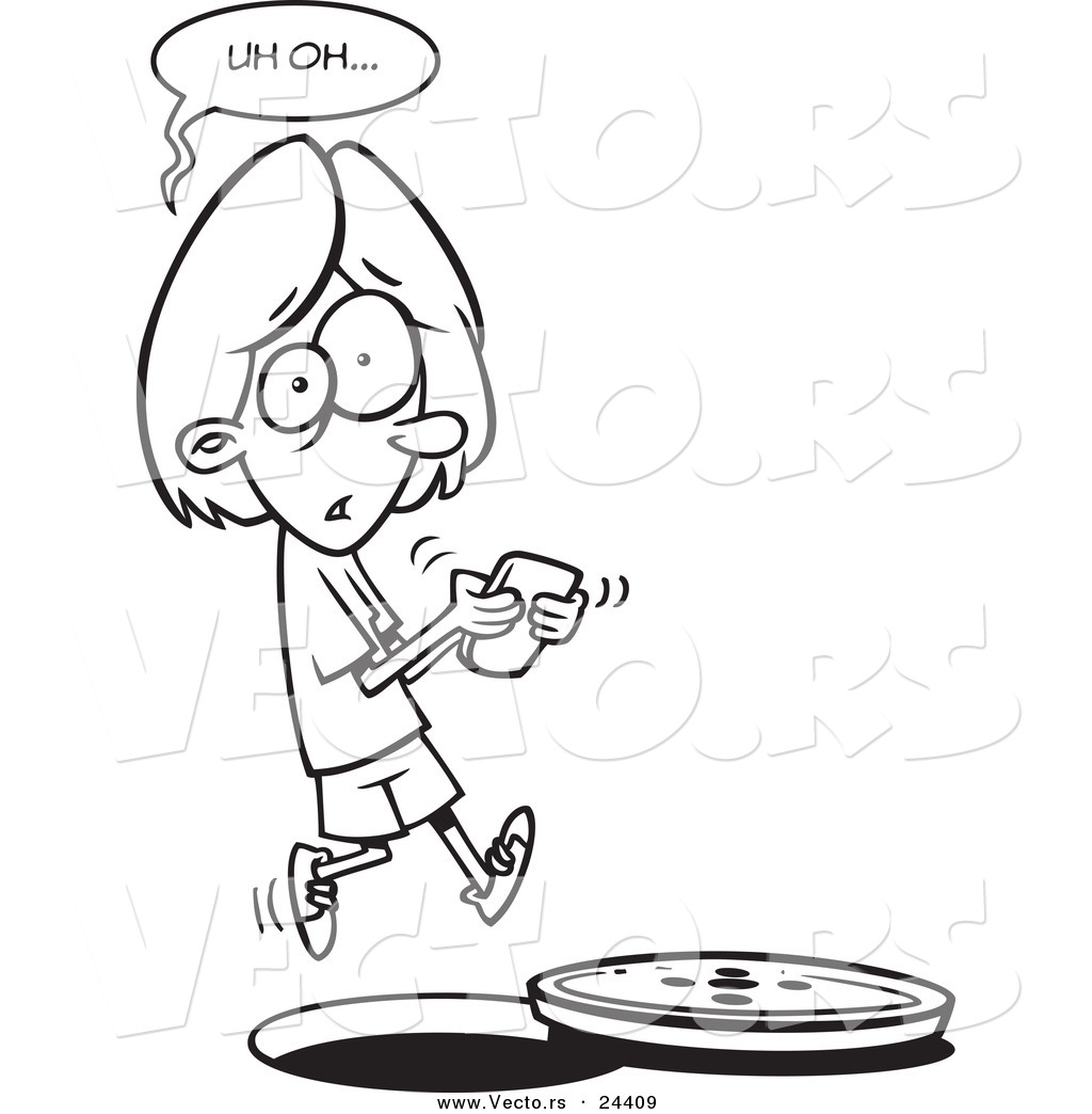 Vector Of A Cartoon Distracted Girl Texting And Falling Into A Manhole