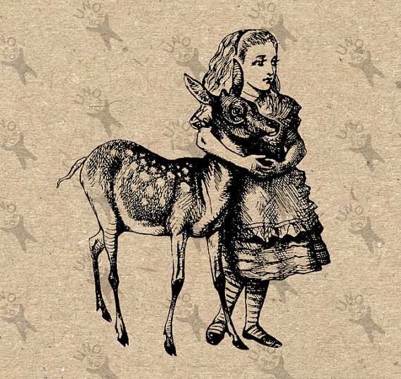 Vintage Alice   Fawn Alice In Wonderland Black And White Retro Drawing