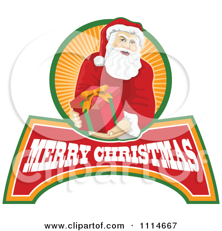 Clipart Santa Holding Out A Present Over Merry Christmas Text And    