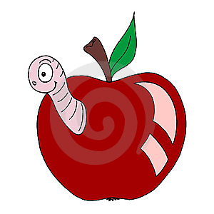 Colour Line Cartoon Drawing Of A Worm Eating An Apple