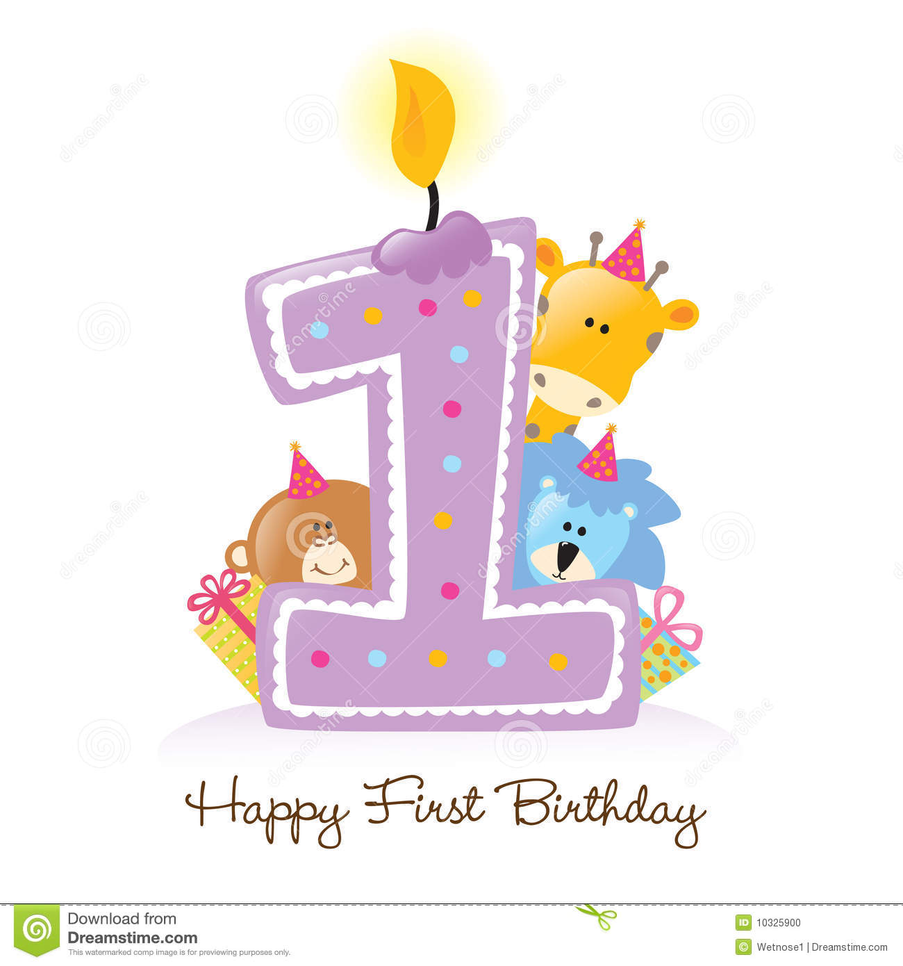 First Birthday Candle With Animals Stock Photo   Image  10325900