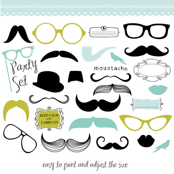 Mustache Spectacles And Lips Kiss Digital Clipart Set  Diy Photo    