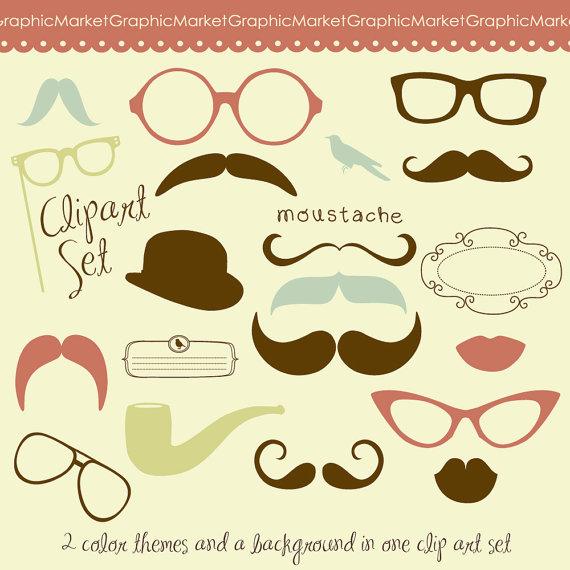 Mustache Spectacles And Lips Kiss Digital Clipart Set  Photo Booth