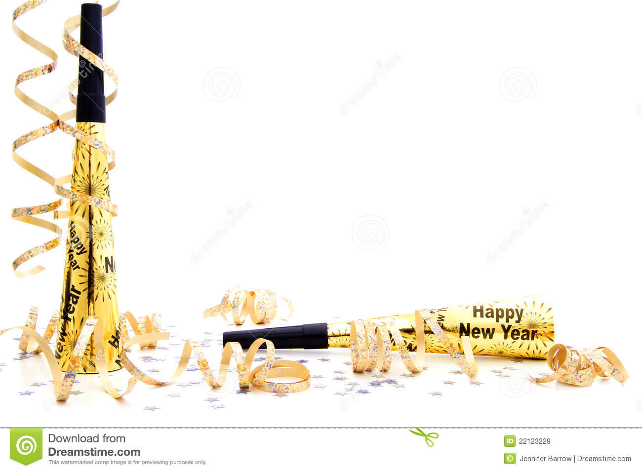 New Years Eve Party Noisemaker Border With Confetti And Streamers Over    