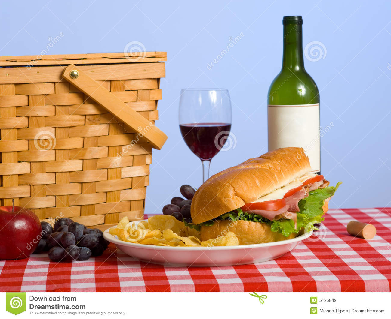 Picnic Lunch On A Red And White Gingham Tablecloth Including A