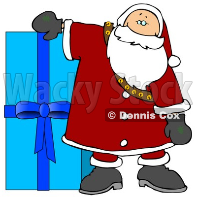 Santa Resting His Arm On A Giant Blue Christmas Present Clipart    