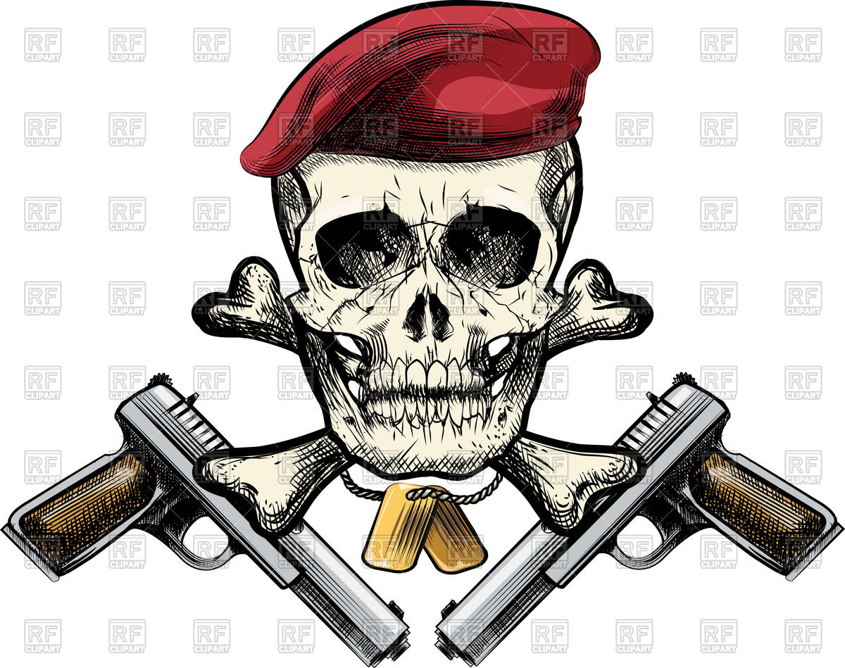 Skull In Beret And Two Pistols Drawn In Tattoo Sketch Style Objects
