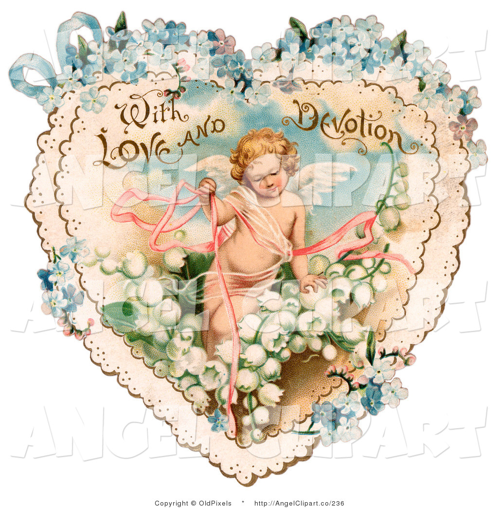 Sweet Vintage Valentine Of Cupid With Ribbons Prancing In White Lily    