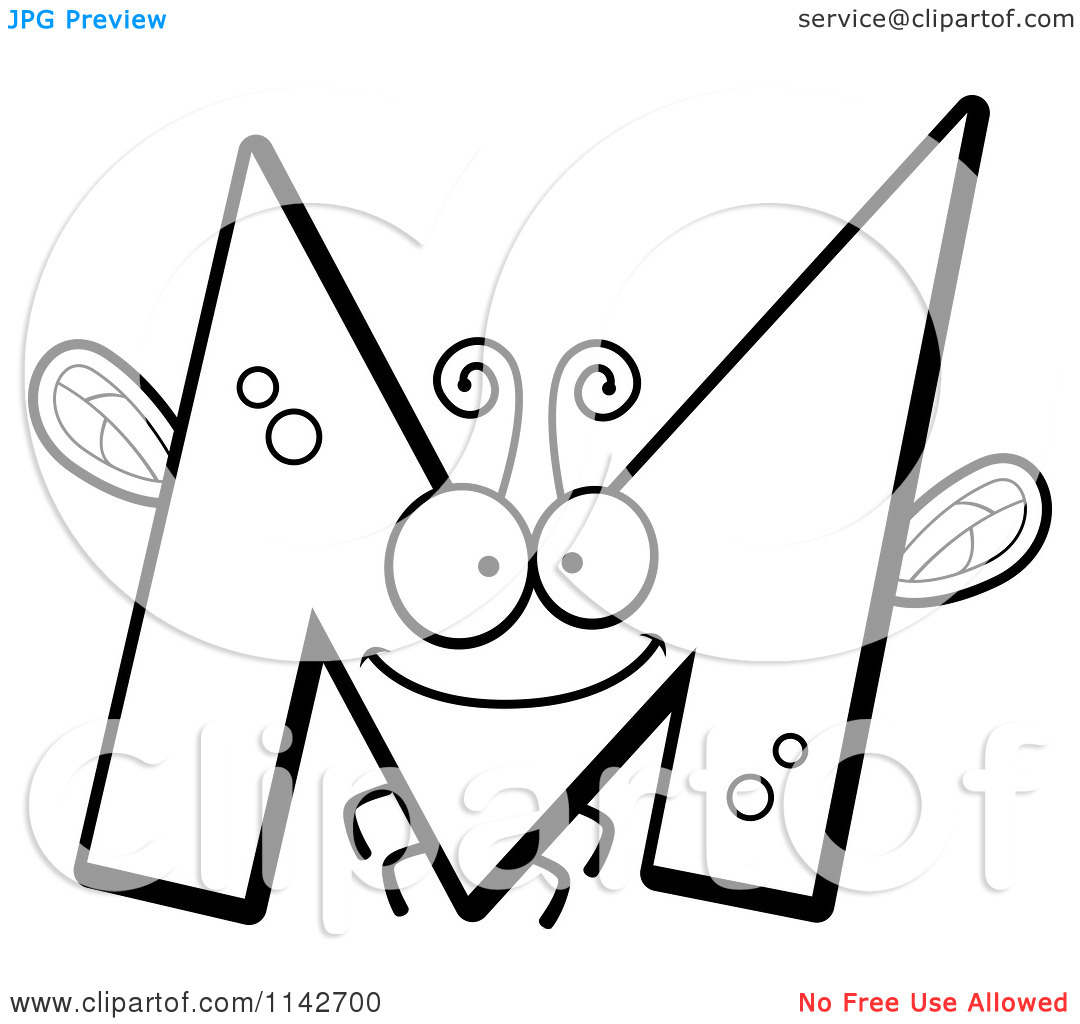 Cartoon Clipart Of A Black And White Letter M Bug   Vector Outlined