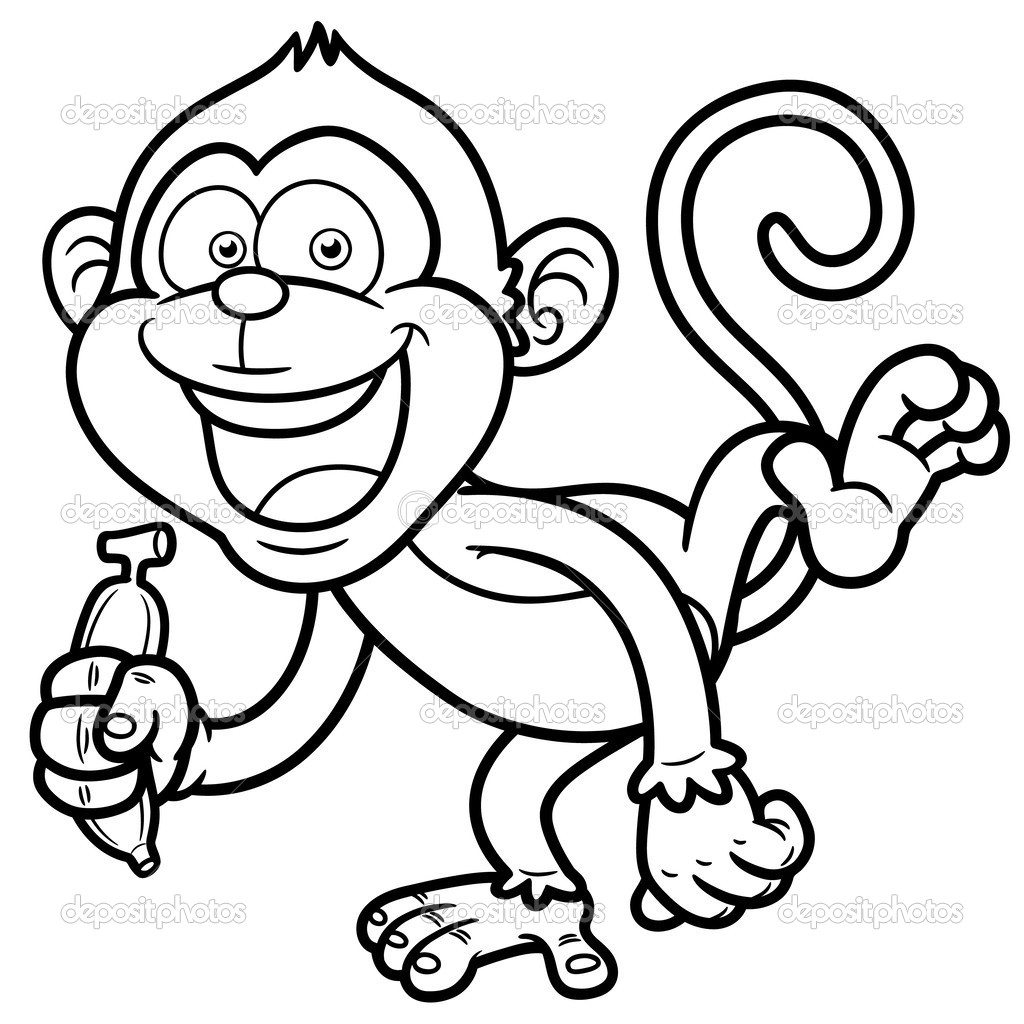 Cartoon Monkey With Banana   Coloring Book   Stock Vector    